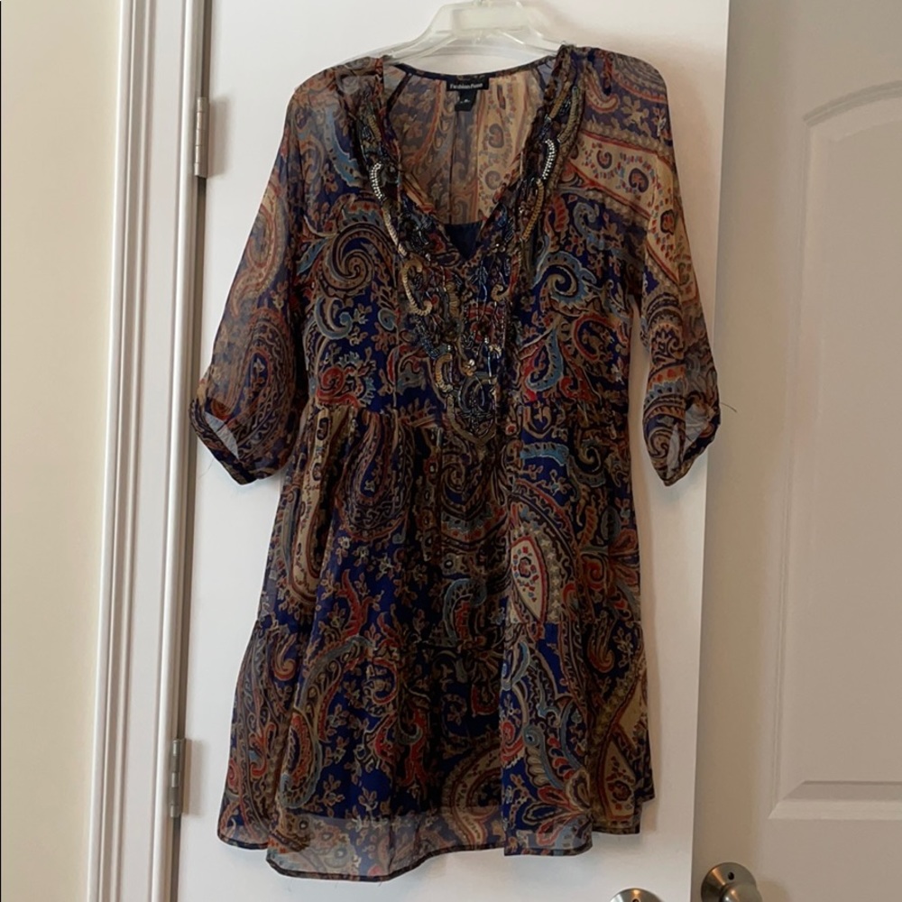 Bohemian Pattern Beaded Dress, Size M